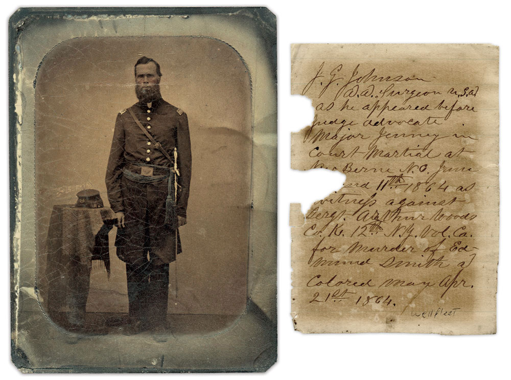 This note, discovered behind the above tintype, records that this is how Johnson appeared at the court martial. Quarter-plate tintype by an anonymous photographer. Paul Russinoff Collection.