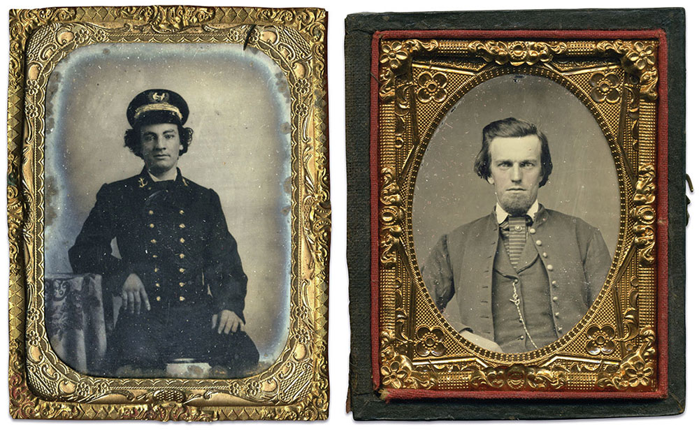 Left: Midshipman William Anderson Hicks served with Lt. Howell and Rear Adm. Semmes on the Sumter. Quarter-plate ambrotype by an anonymous photographer. Dennis Headlee Collection. Right: Lt. Becket Kempe Howell, Confederate Marines, served with Rear Adm. Raphael Semmes on the Sumter and the Alabama. Ninth-plate ambrotype by an anonymous photographer. Doug York Collection.