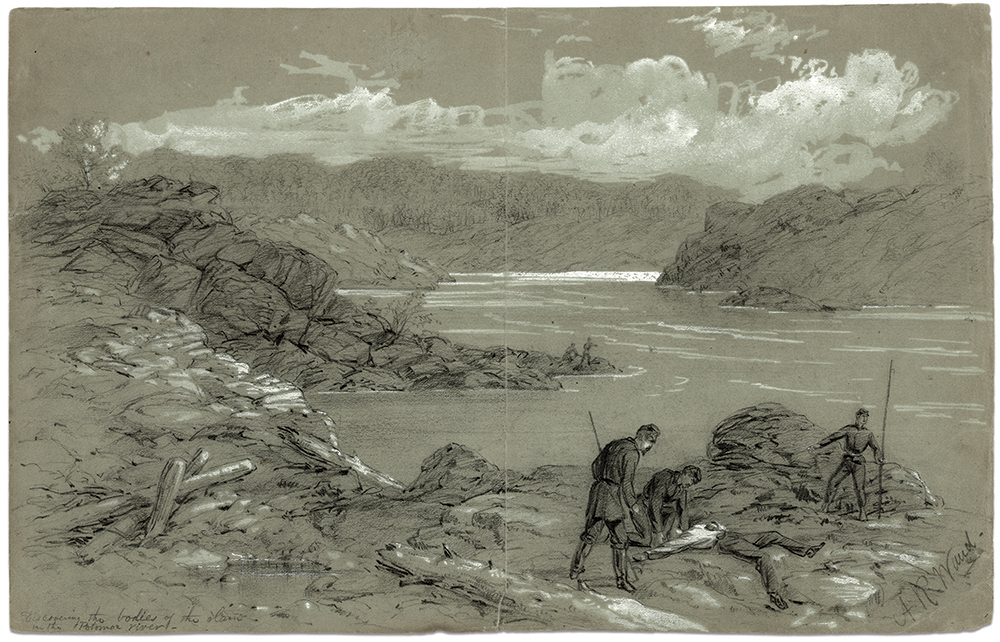 “Discovering the bodies of the slain in the Potomac river,” by Alred R. Waud, about Oct. 21, 1861.   