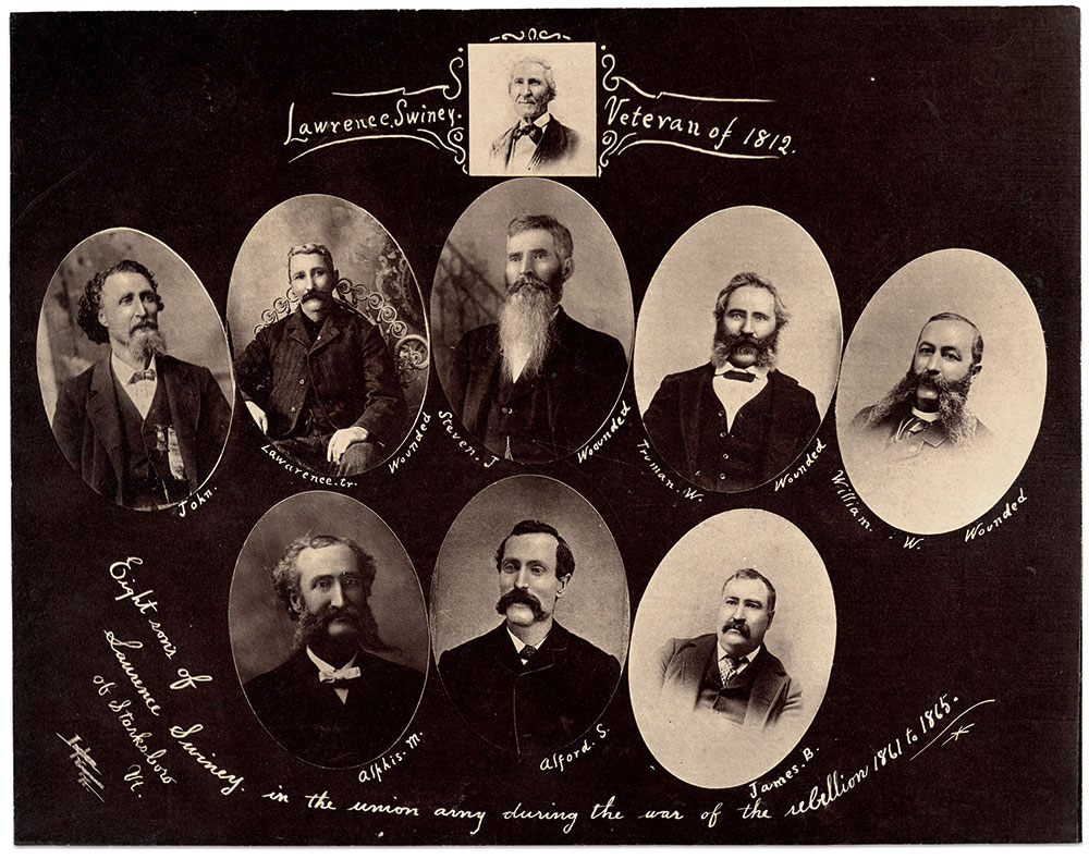 “Eight sons of Laurence Swiney in the union army during the war of the rebellion 1861 to 1865,” pictures Laurence Swiney (1790-1876), a native Canada who served in the War of 1812. His sons enlisted in the Union army and survived their Civil War experience—though four suffered injuries. Truman Wallace Swiney (1840-1922) served in the 5th and 7th Vermont infantries, and was wounded during the Peninsula Campaign at Savage’s Station. Also in the 7th: Alfred Saxe Swiney (1841-1928), Alepheus Mitchell Swiney (1843-1924) and James Burney Swiney (1845-1909). Lawrence Swiney, Jr. (1835-1923) served in the 8th Vermont Infantry and the Veteran Reserve Corps, and was wounded. John Swiney (1828-1904) served in the 9th and 14th Vermont Infantries. William Wallace Swiney (1843-1929) served in the 36th New Jersey Infantry, and wounded at Weldon Railroad in 1864. Stephen Jefferson Swiney (1835-1912) served in the 127th Illinois Infantry, and likewise was wounded. Print by Harvey Custer Ingham of Vergennes, Vt.