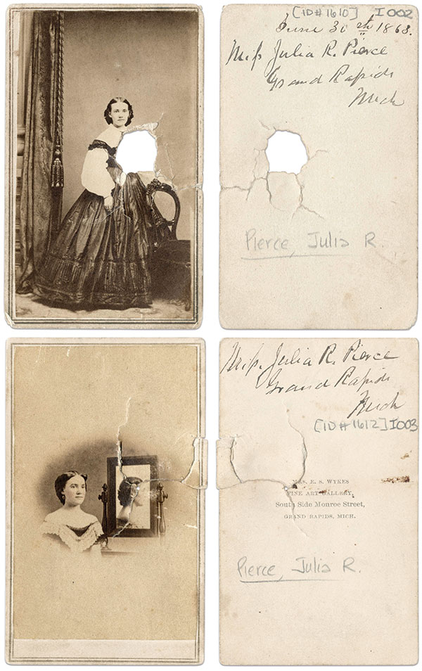 Julia Pierce. Cartes de visite by an anonymous photographer, left, and Mrs. E.S. Wykes of Grand Rapids, Mich. 