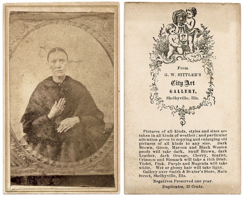 HELPFUL HINTS: The back of the mount of this carte de visite includes practical tips for gallery visitors to make the most of their picture-taking experience. Carte de visite by G.W. Sittler of Shelbyville, Ill. Rick Brown Collection of American Photography.