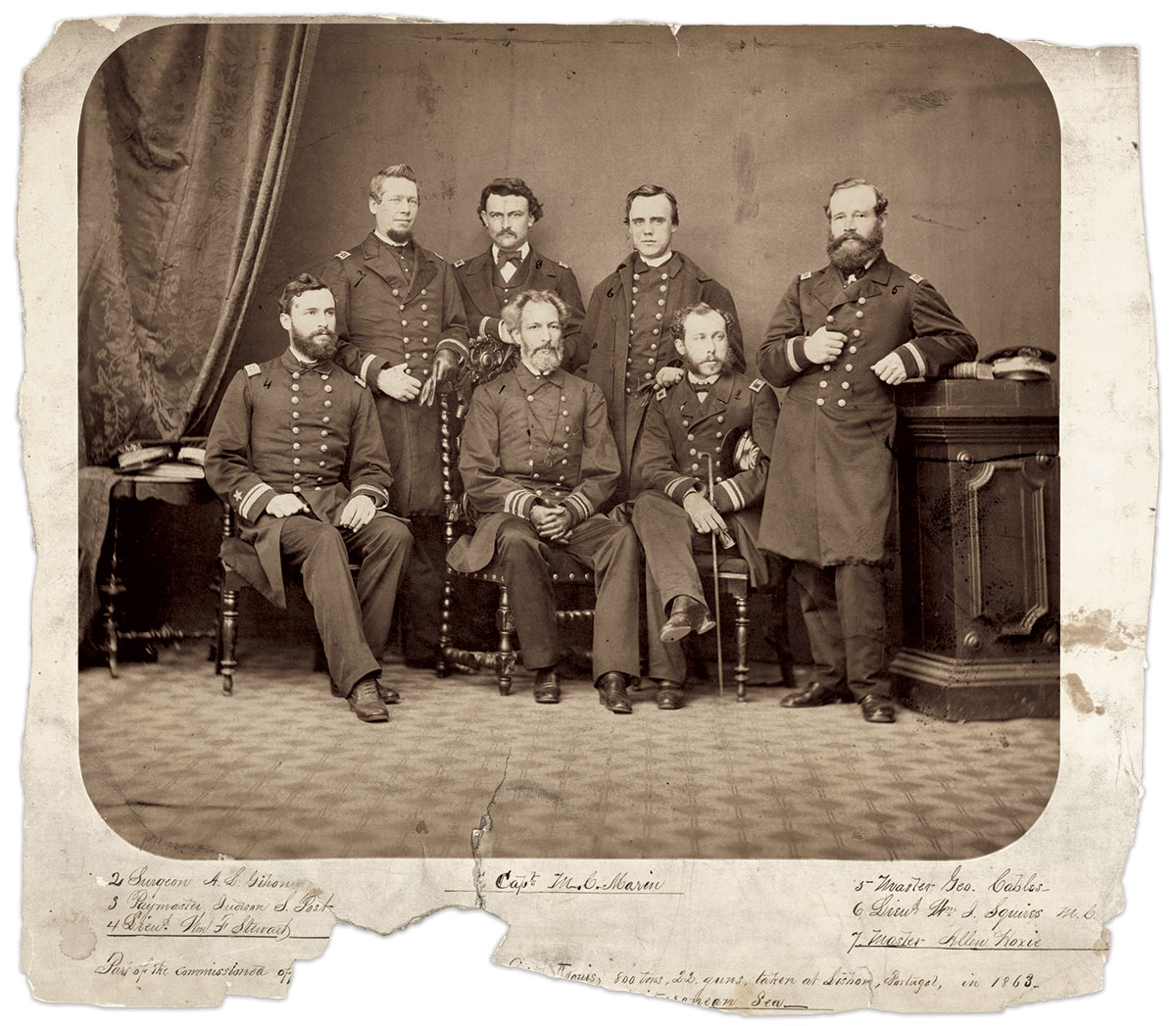 “Part of the commissioned officers of the U.S. Sloop of war Saint Louis, 800 tons, 22 guns, taken at Lisbon, Portugal, in 1863—while on a 3 years Cruise in the Mediterranean Sea” includes Surgeon Gihon, seated on the right with a cane. Sitting next to him is Capt. Marin and Lt. William F. Stewart. Standing, from left, are Acting Master Allen Hoxie, Paymaster Judson S. Post, Marine 1st Lt. William J. Squires, and Acting Master George Cables. The Picture Art Collection / Alamy Stock Photo.