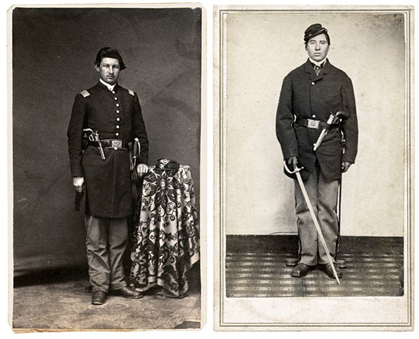 REVOLVER TUCKED INTO BELT. Prop: LIKELY. Details: Capt. A. Boyd Hutchison of Company C, 49th Pennsylvania Infantry, left, stands at attention with a revolver prominently tucked into his waist belt. Its conspicuous location coupled with the lack of a holster suggests it did not belong to him. The same may be true for Albert Crockett, a private in Company E of the 30th Maine Infantry. The sword held by Crockett makes it even more likely that the revolver is a prop, as an edged weapon was not standard issue to infantry rank and file. Cartes de visite by anonymous photographers. Ronald S. Coddington collection.