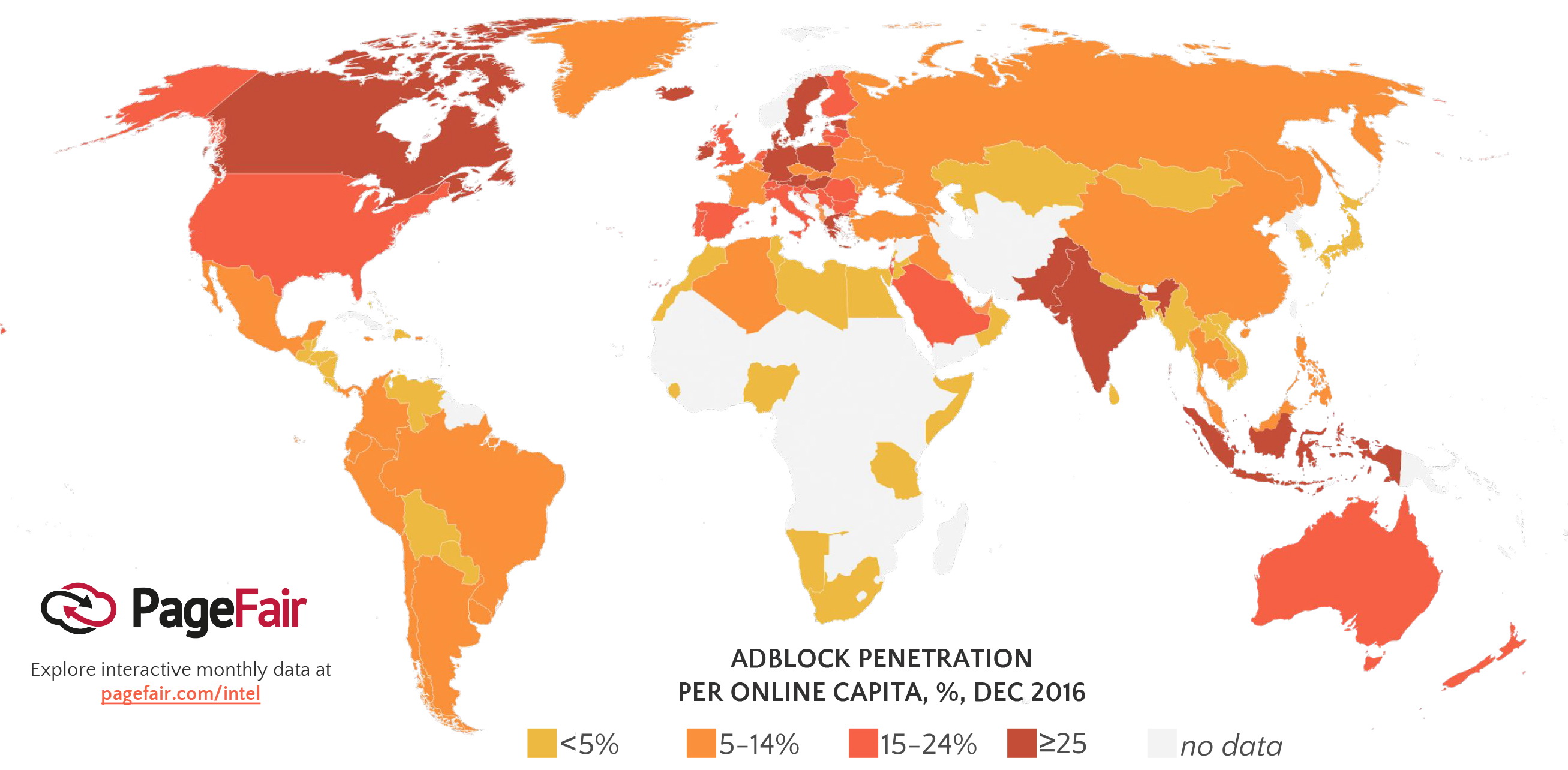 Tỷ lệ sử dụng phần mềm chặn quảng cáo tính theo đầu người ở mỗi quốc gia (Nguồn: PageFair)