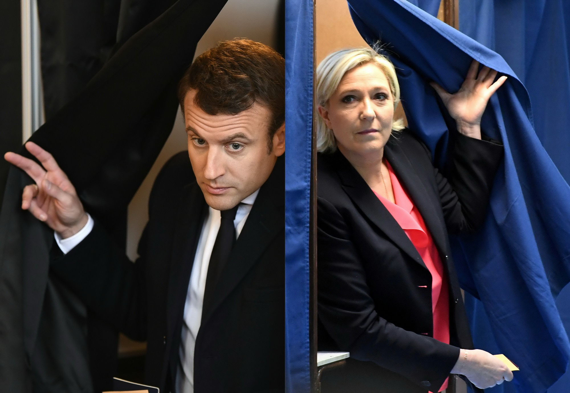 hai ứng cử viên tranh chức Tổng thống Pháp đã đi bỏ phiếu trong cuộc bầu cử vòng 2, cũng là vòng quyết định để chọn ra nhà lãnh đạo mới của nước Pháp trong 5 năm tới. Ứng cử viên theo đường lối trung dung Emmanuel Macron (trái), cựu Bộ trưởng Kinh tế Pháp, cùng vợ đã đi bầu cử tại điểm bỏ phiếu ở thành phố Le Touquet , miền Bắc nước Pháp. Trong khi đó, đối thủ của ông - cựu Chủ tịch đảng Mặt trận quốc gia (FN) Marine Le Pen (phải) theo xu hướng cực hữu, thực hiện quyền công dân của mình tại điểm bỏ phiếu ở thành phố Henin-Beaumont. AFP/TTXVN