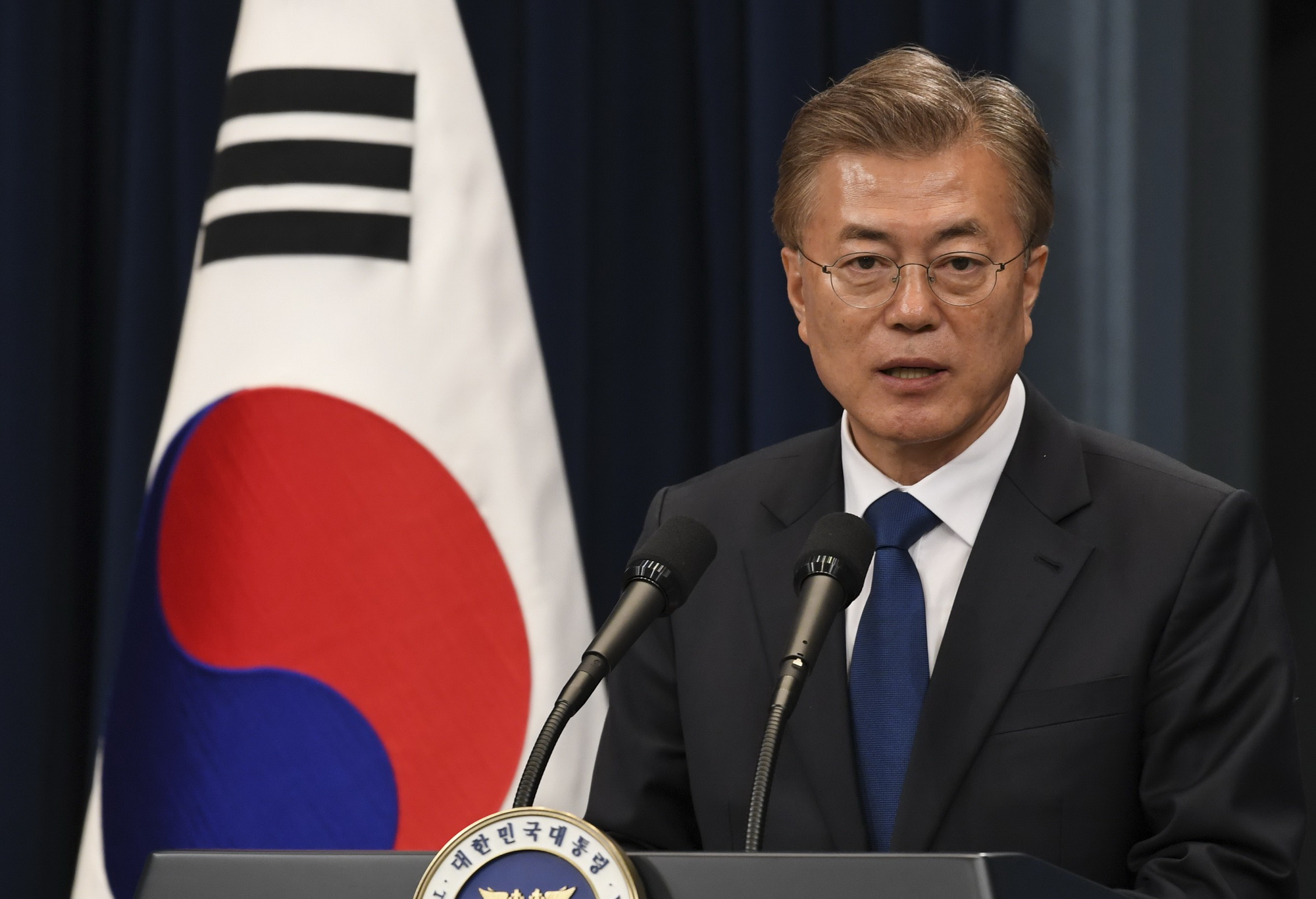 Tổng thống Hàn Quốc Moon Jae-in tại cuộc họp báo ở Seoul ngày 10/5. (Ảnh: EPA/TTXVN)