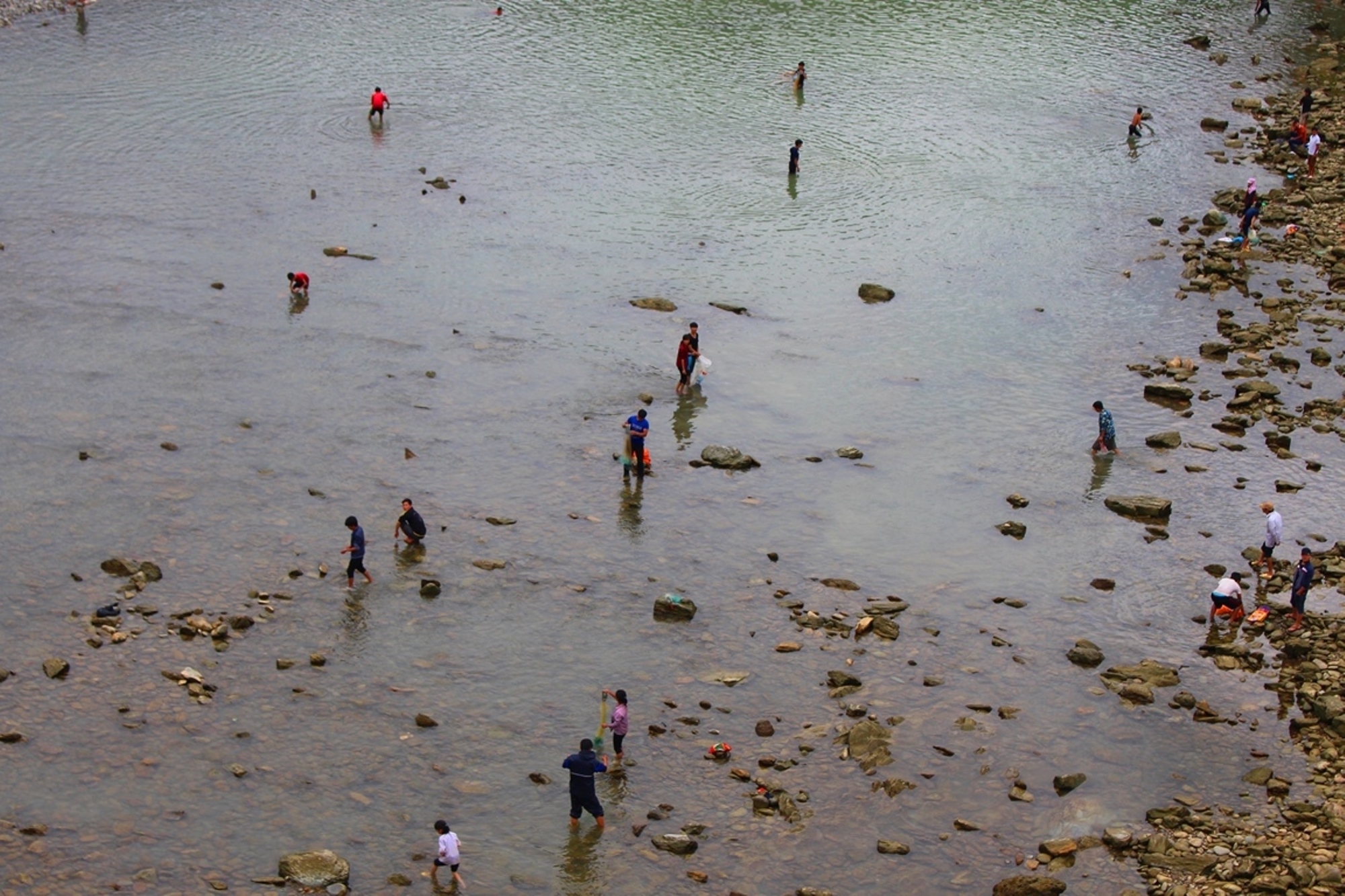 Người dân đổ xô xuống bắt cá dưới sông Gâm-ngay trước cửa xả của Nhà máy thủy  điện Bảo Lâm 1 (huyện Bảo Lâm, tỉnh Cao Bằng), do nhà máy thủy điện chặn dòng  chảy khiến sông cạn trơ đáy. (Ảnh: Hùng Võ/Vietnam+)