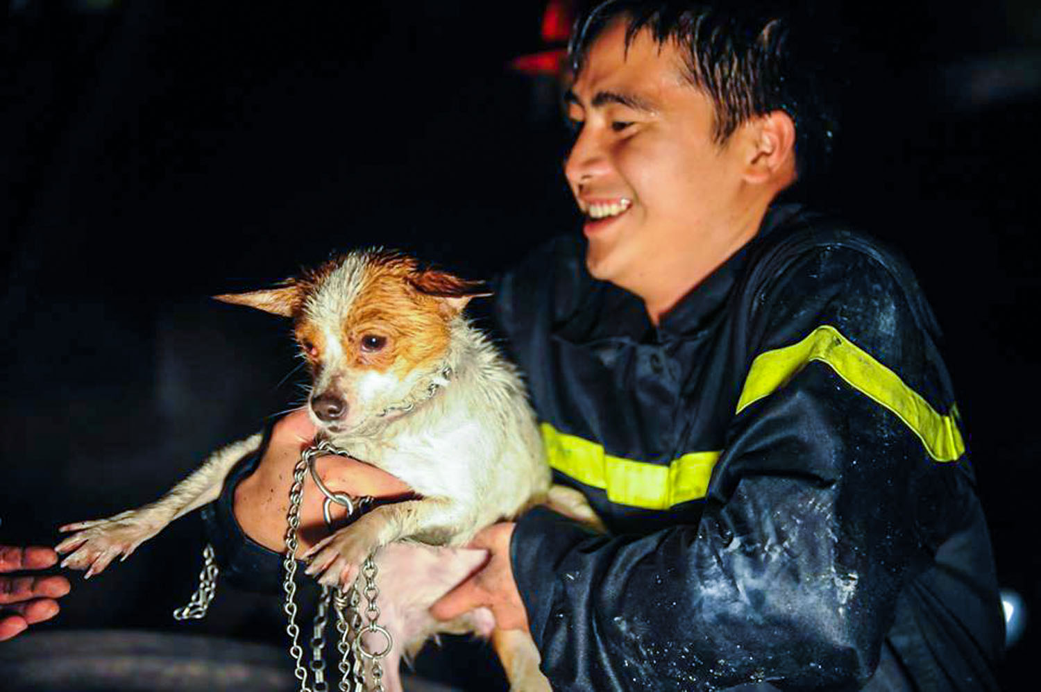 Niềm vui khi cứu thành công một chú chó nhỏ trong đám cháy của chiến sỹ. (Ảnh: Minh Sơn/Vietnam+)