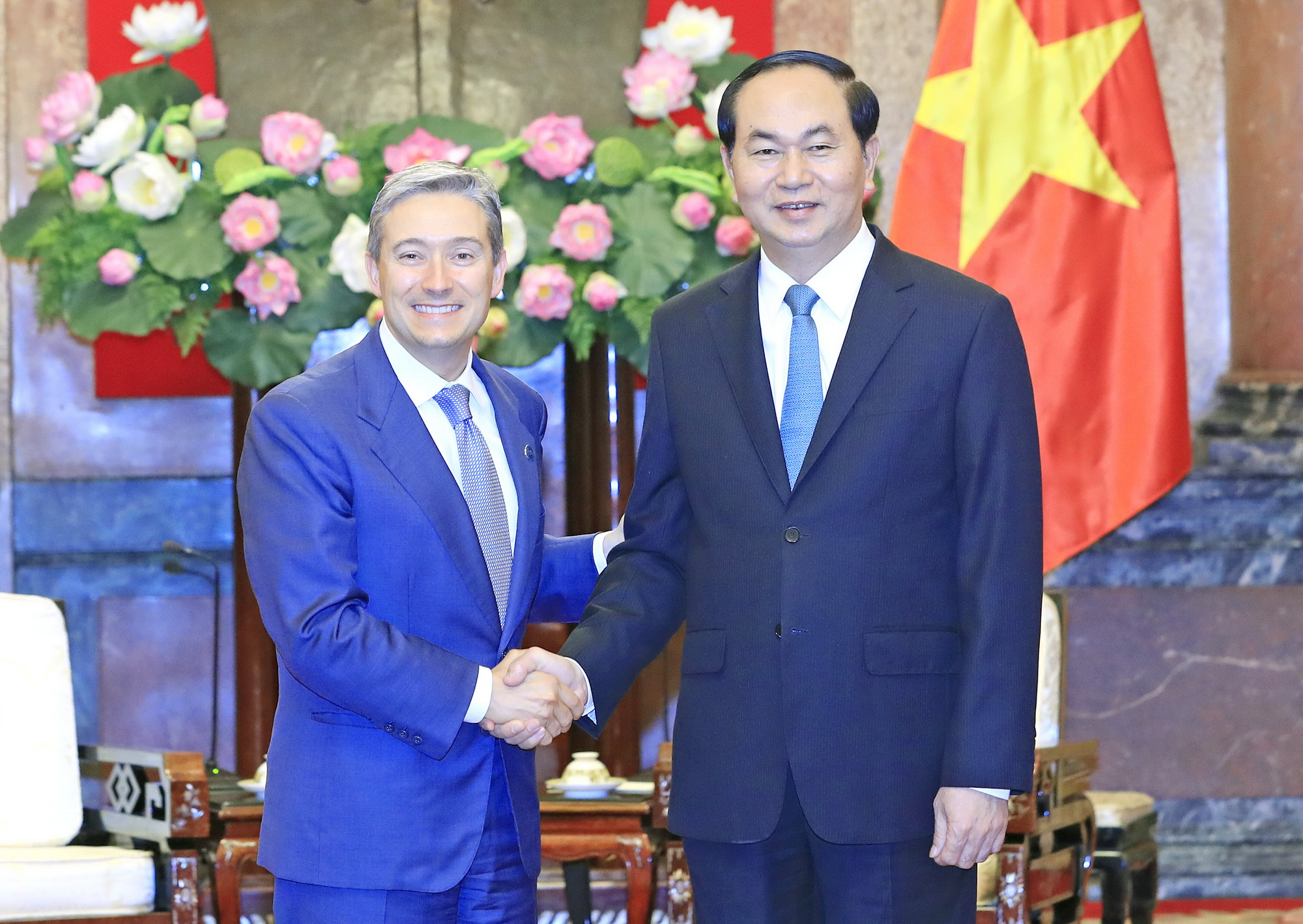 Chủ tịch nước Trần Đại Quang tiếp Bộ trưởng Bộ Thương mại Quốc tế Canada Fran Cois-Philippe Champagne nhân chuyến thăm và làm việc tại Việt Nam tháng 5/2017. (Ảnh: Nhan Sáng/TTXVN)