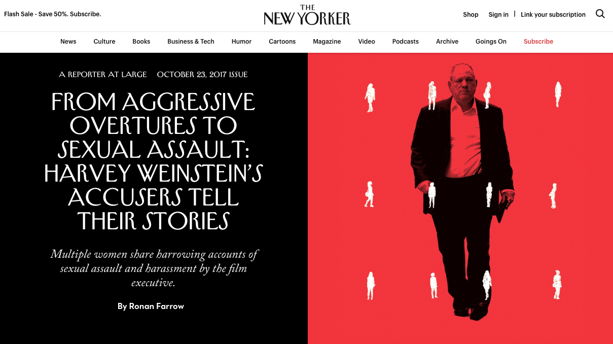 Bài viết dài 8.000 từ của Ronan Farrow (cựu biên tập viên của kênh MSNBC kiêm cộng tác viên của NBC News) với nhan đề “Từ những đề nghị khiếm nhã tới tấn công tình dục: Câu chuyện của những người  buộc tội Harvey Weinstein.” (Nguồn: New Yorker)