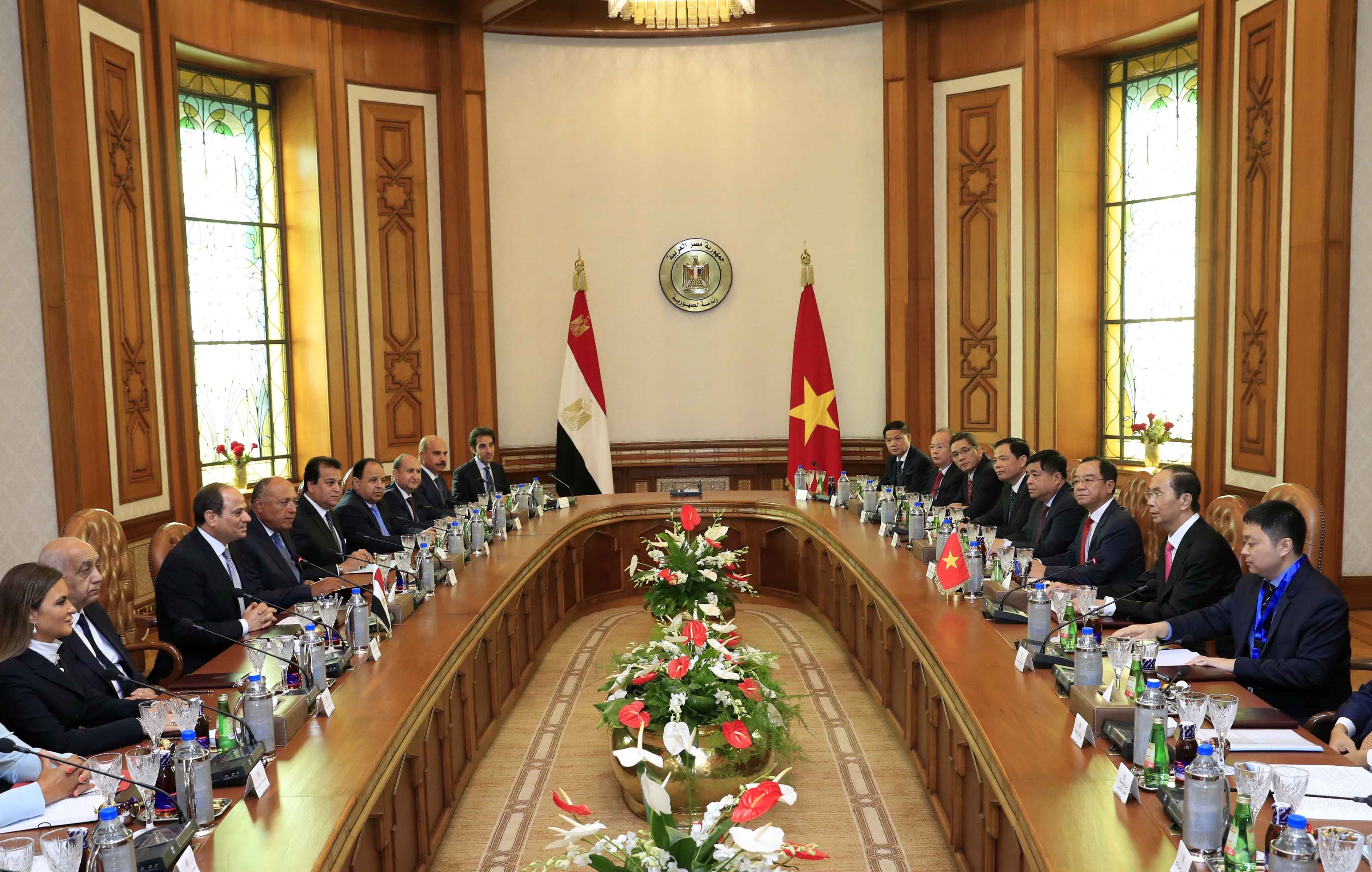 El presidente de Egipcio, Abdel Fattah al-Sisi, sostiene conversaciones con su homólogo de Vietnam, Tran Dai Quang. (Fuente: VNA)