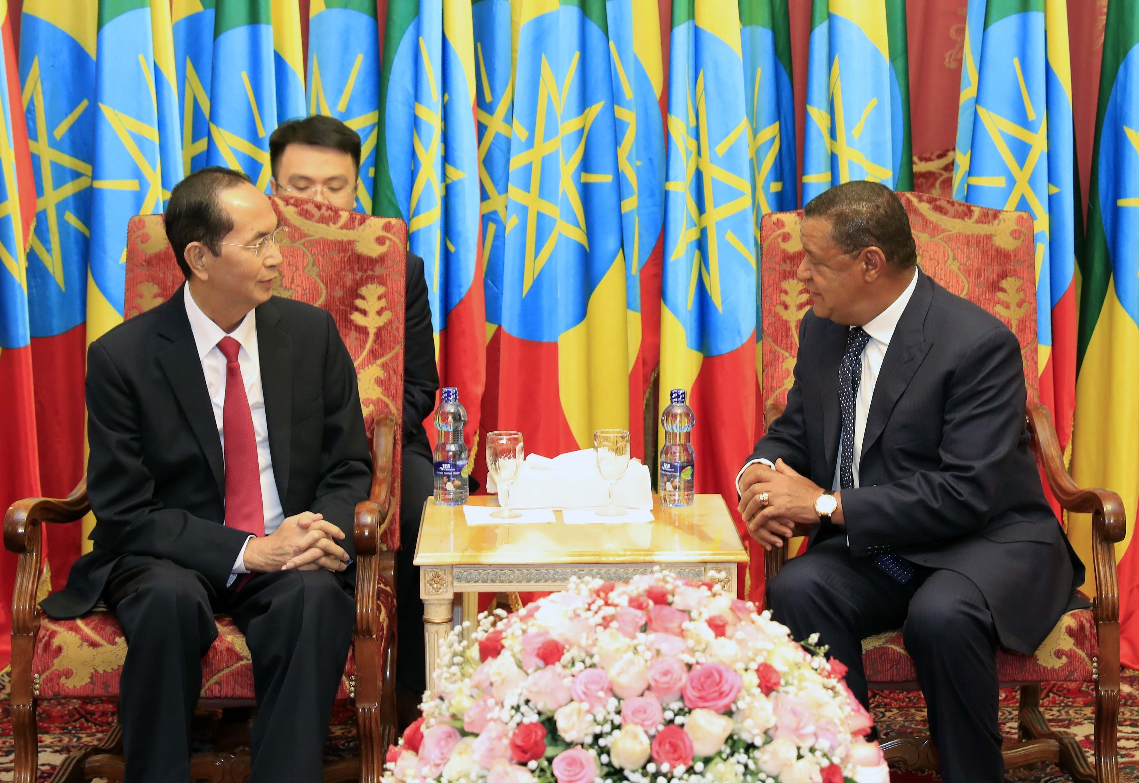 Le président Tran Dai Quang (gauche) et son homologue éthiopien Mulatu Teshome  lors de leur entretien le 30 août à Addis Ababa. Photo: VNA
