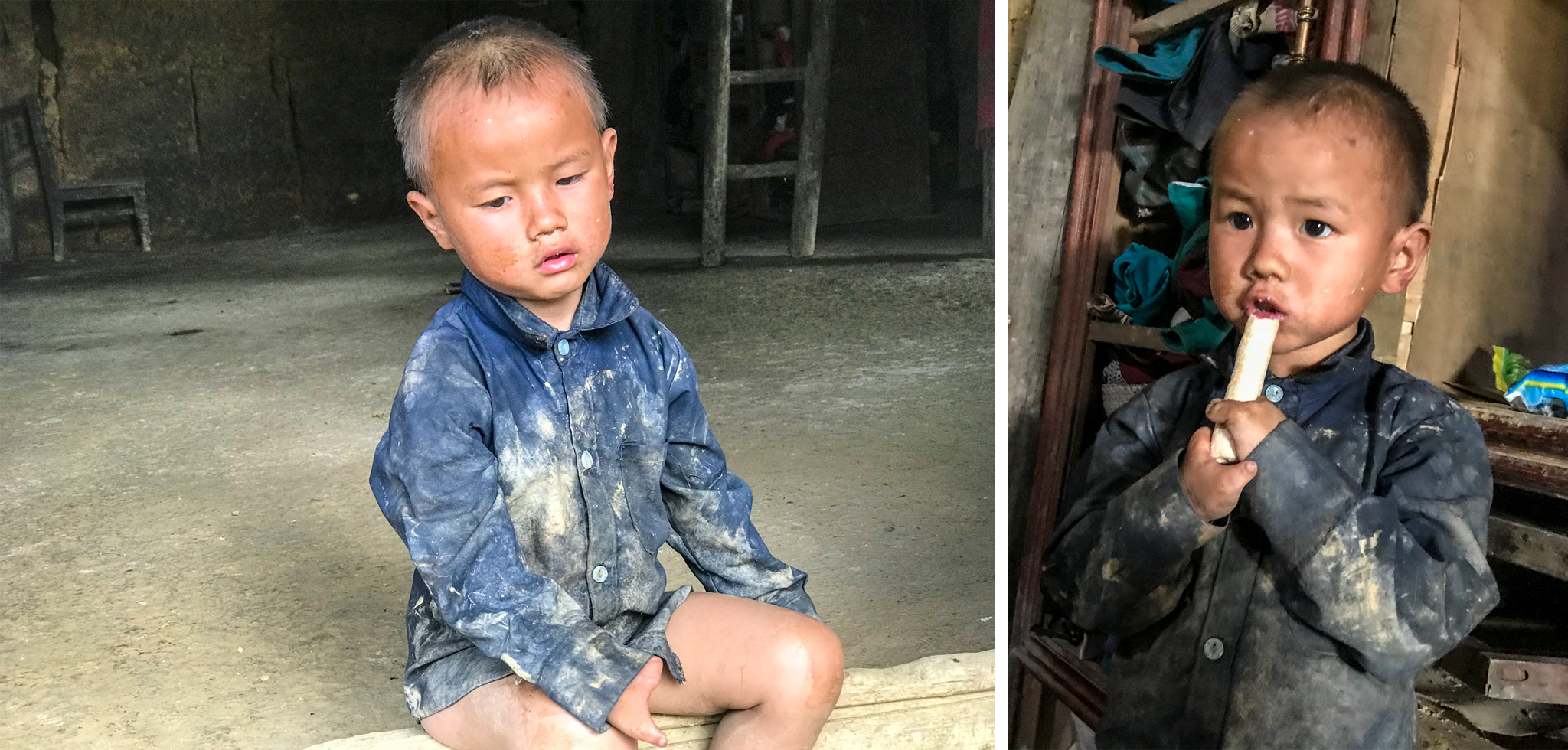 Bé nhất trong lũ trẻ là Giàng Seo Vư, năm nay mới 4 tuổi, luôn cởi truồng để lộ ra nước da xám ngắt. (Ảnh: Xuân Bách)