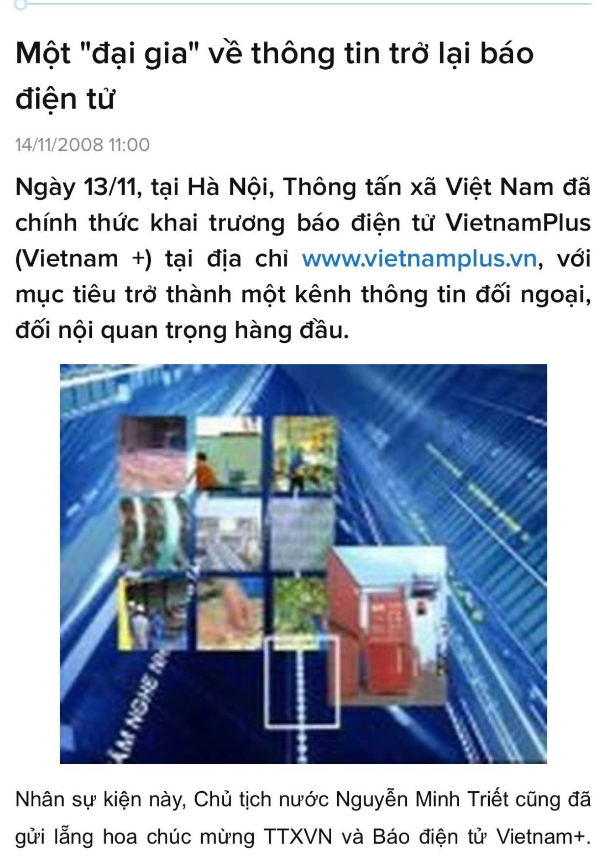 Một bài báo nói về sự ra mắt của VietnamPlus vào năm 2008.