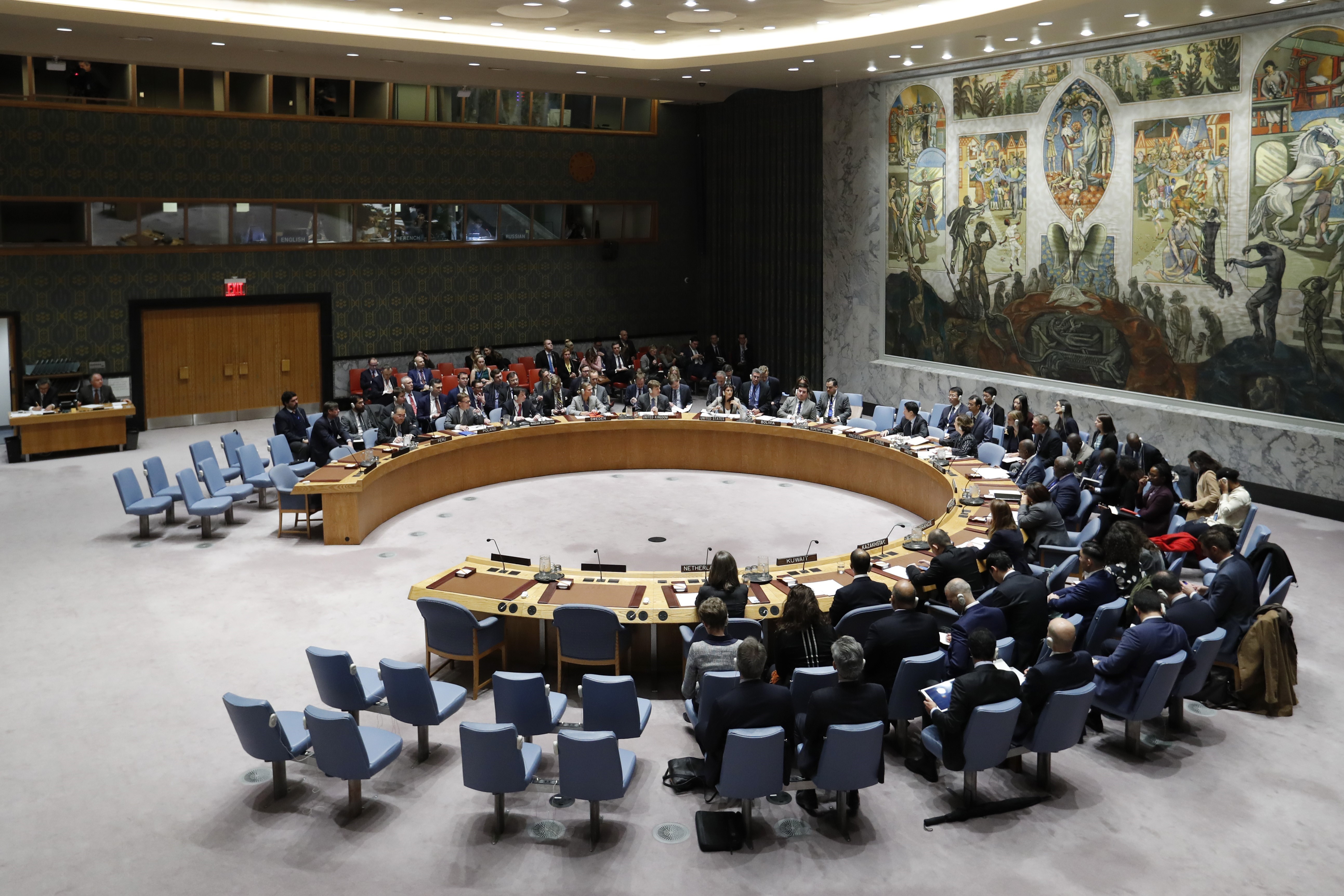 Toàn cảnh phiên họp của Hội đồng Bảo an Liên hợp quốc tại New York (Mỹ) về căng thẳng Nga-Ukraine ở eo biển Kerch, ngày 26/11/2018. (Nguồn: THX/TTXVN).