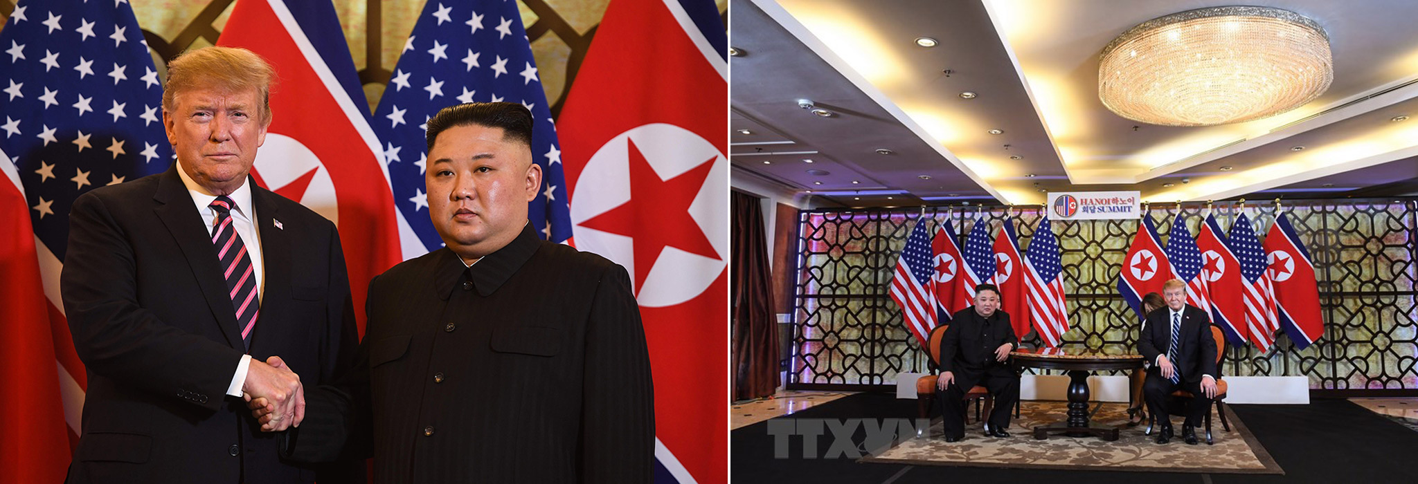 Tổng thống Mỹ Donald Trump (phải) và Chủ tịch Triều Tiên Kim Jong-un trong cuộc gặp riêng tại ngày làm việc thứ hai của Hội nghị thượng đỉnh Mỹ-Triều lần hai ở Hà Nội, ngày 28/2/2019. (Ảnh: AFP/TTXVN)