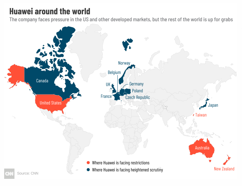 Bản đồ phản ánh các nền kinh tế đang cấm vận (màu cam) và giám sát cao (màu xanh đậm) với Huawei. (Nguồn: CNN)