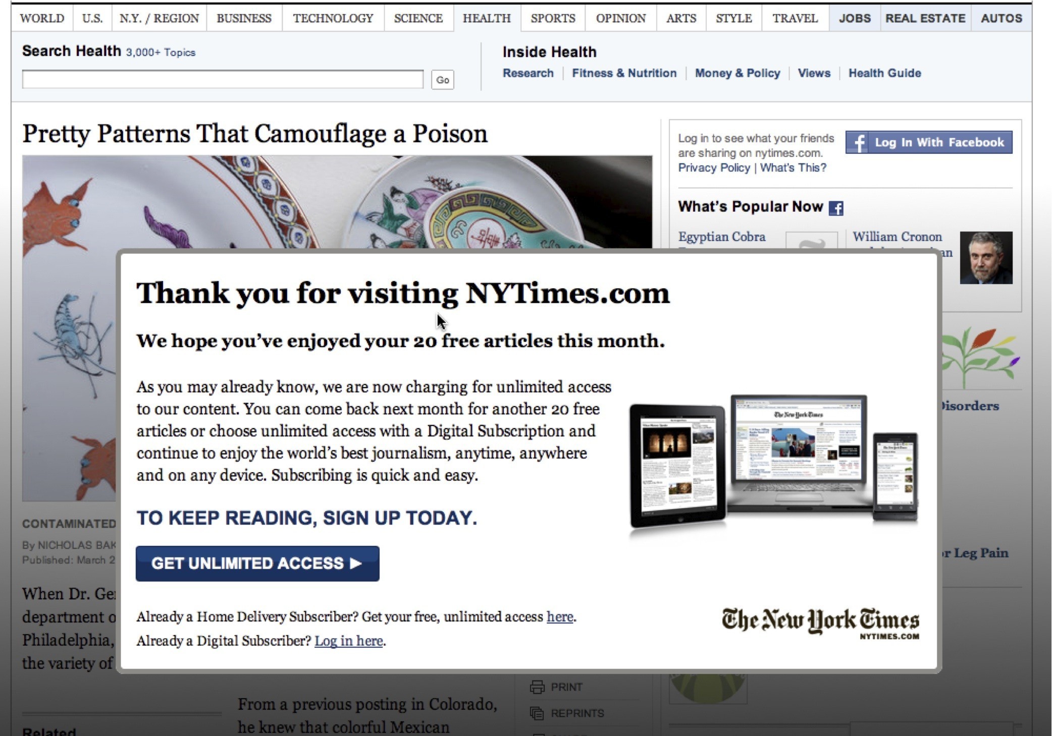 The New York Times thu phí độc giả online. (Nguồn: Pandologic)
