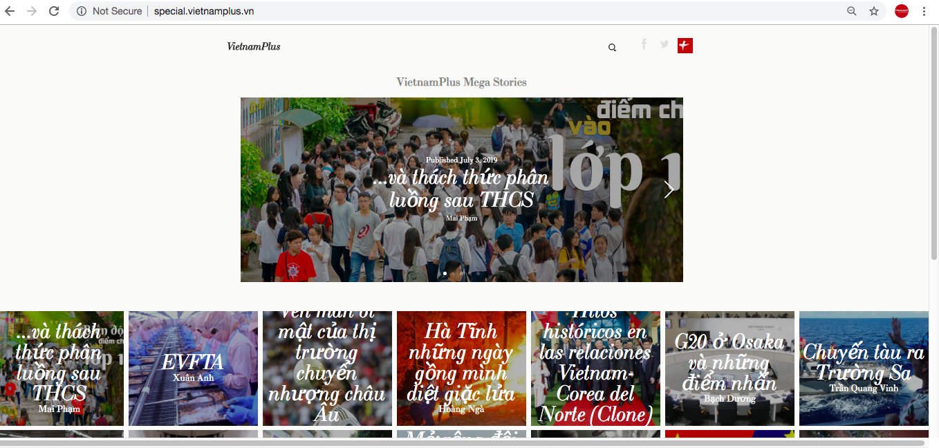 Báo điện tử VietnamPlus của TTXVN bắt đầu thử nghiệm báo chí chậm vào giữa năm 2016 với những sản phẩm mega story đầu tiên.