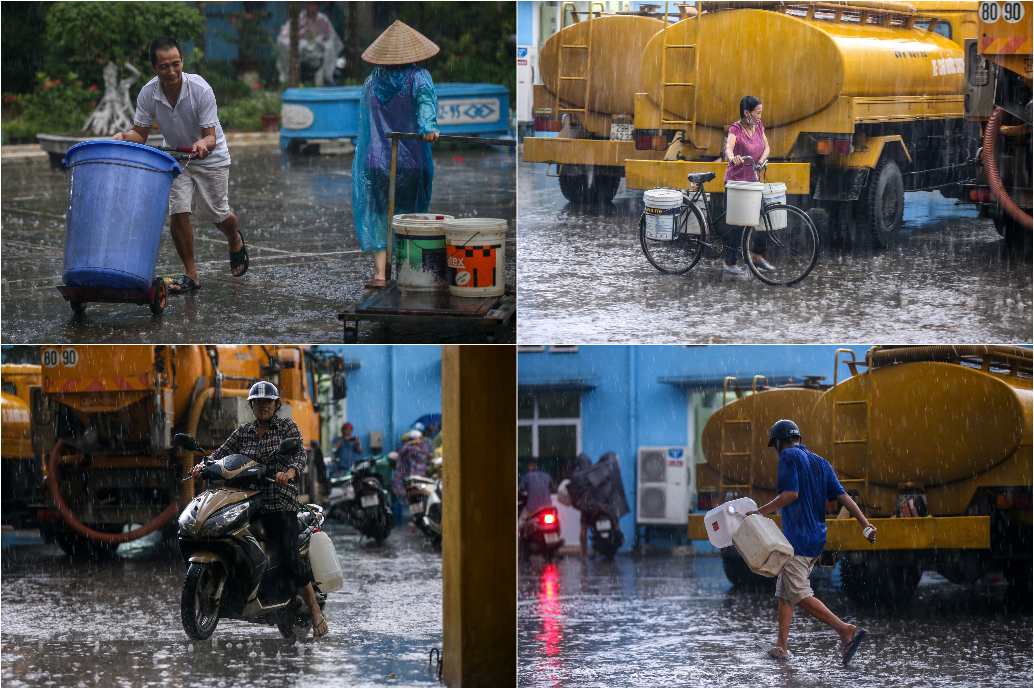 Cơn mưa lớn cũng không ngăn cản được người dân xếp hàng đến lấy nước sạch. Người mang bình, xô, can… hay bất kì thứ gì có thể đựng được nước.