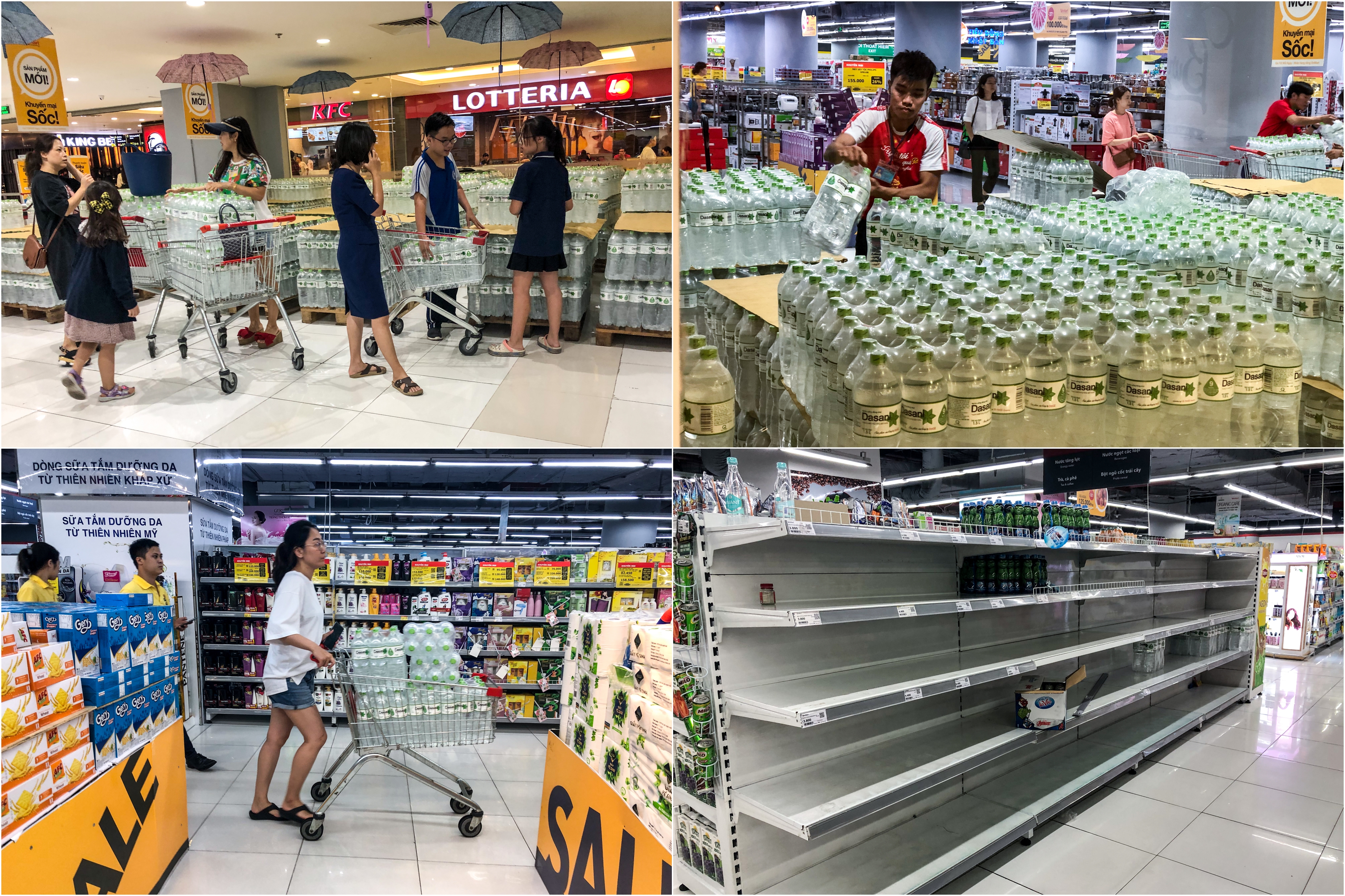 Trong khi ấy, tại nhiều hệ thống siêu thị, số lượng đặt mua nước đóng chai tăng đột biến. Nhiều quầy hàng nước khoáng đóng chai trống rỗng khiến các siêu thị phải nhanh chóng nhập hàng về phục vụ người dân. 