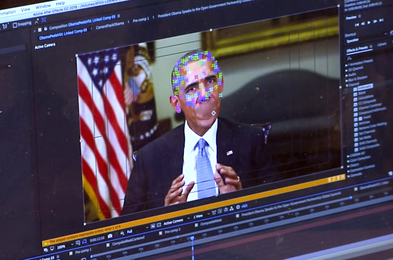 Hình ảnh này được tạo ra từ video của một video giả có cựu Tổng thống Barack Obama cho thấy các yếu tố lập bản đồ khuôn mặt được sử dụng trong công nghệ mới cho phép bất cứ ai làm video người thật xuất hiện để nói những điều họ chưa từng nói. (Nguồn: AP)