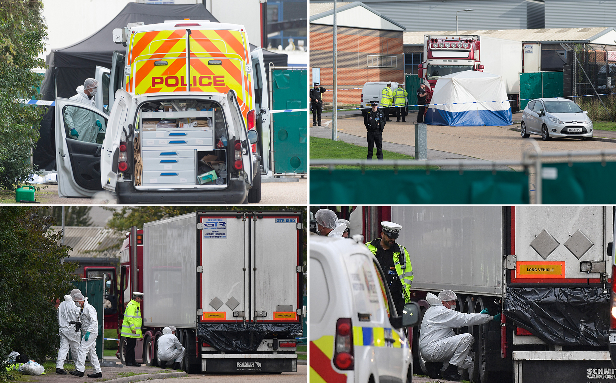 Nhân viên pháp y thuộc Cảnh sát Anh điều tra tại hiện trường xe container chở 39 thi thể ở Khu Công nghiệp Waterglade thuộc hạt Essex, miền Đông Nam nước Anh ngày 23/10/2019. (Ảnh: THX/TTXVN)