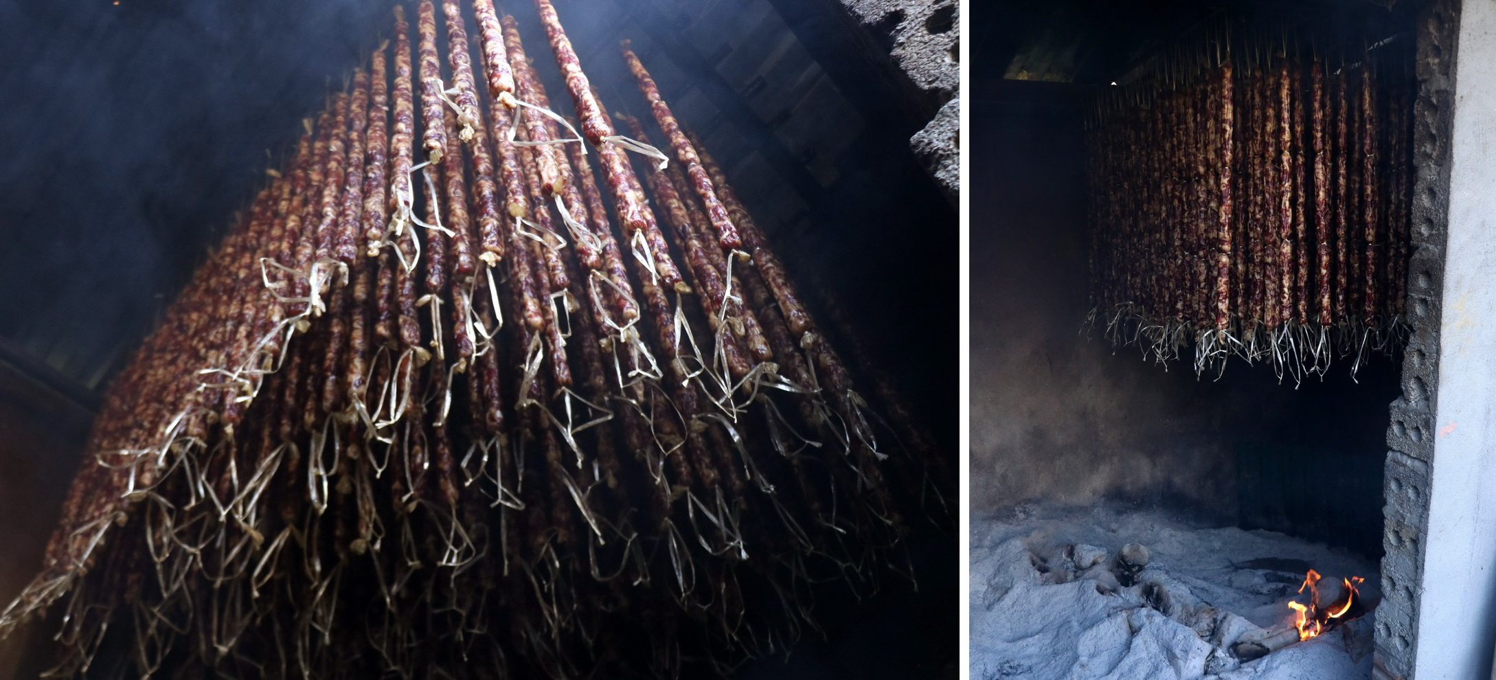 Sau khi được nhồi thịt, lạp xưởng được đem treo lên bếp. (Ảnh: Quốc Khánh/TTXVN)