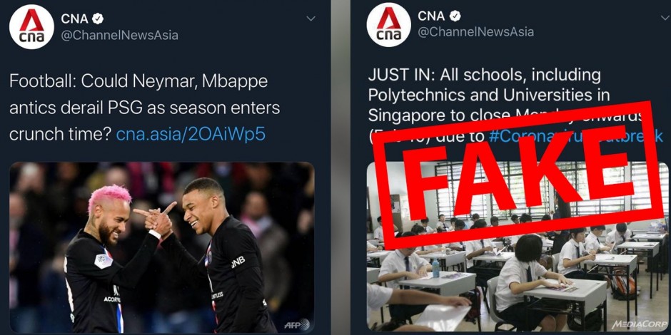 Một đoạn trích của một tweet từ Kênh NewsAsia (CNA) có trụ sở tại Singapore, thông báo các trường học ở Singapore đã phải đóng cửa vì sự bùng phát của virus corona 2019.Tuy nhiên đây là tin giả phát tán trên nền tảng mạng xã hội WhatsApp thực chất là giả mạo, và đã được sửa từ một bài đăng khác.