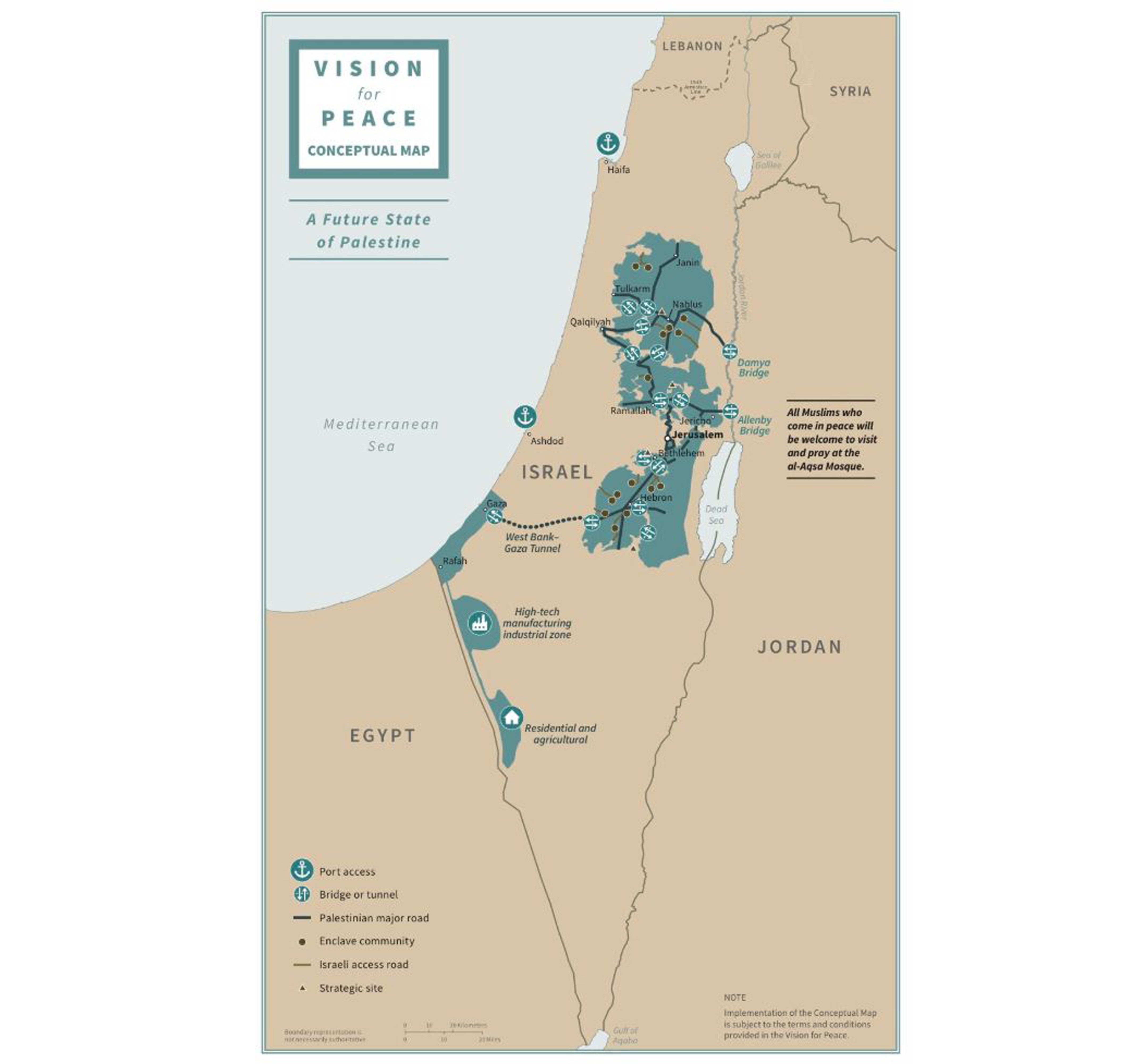 Bản đồ đề xuất giải pháp hai nhà nước Israel và Palestine do Nhà Trắng công bố ngày 28/1/2020. (Ảnh: AFP/TTXVN)