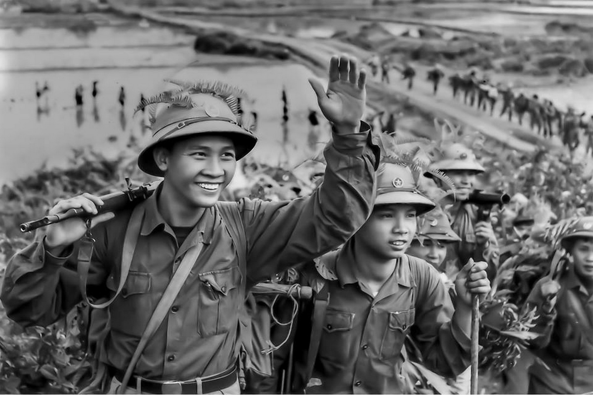 Chào quê hương, các chàng trai Thủ đô vào chiến trường niềm Nam chiến đấu, năm 1971. (Nguồn: Trung tâm Lưu trữ quốc gia IV - Cục Văn thư và Lưu trữ Nhà nước)