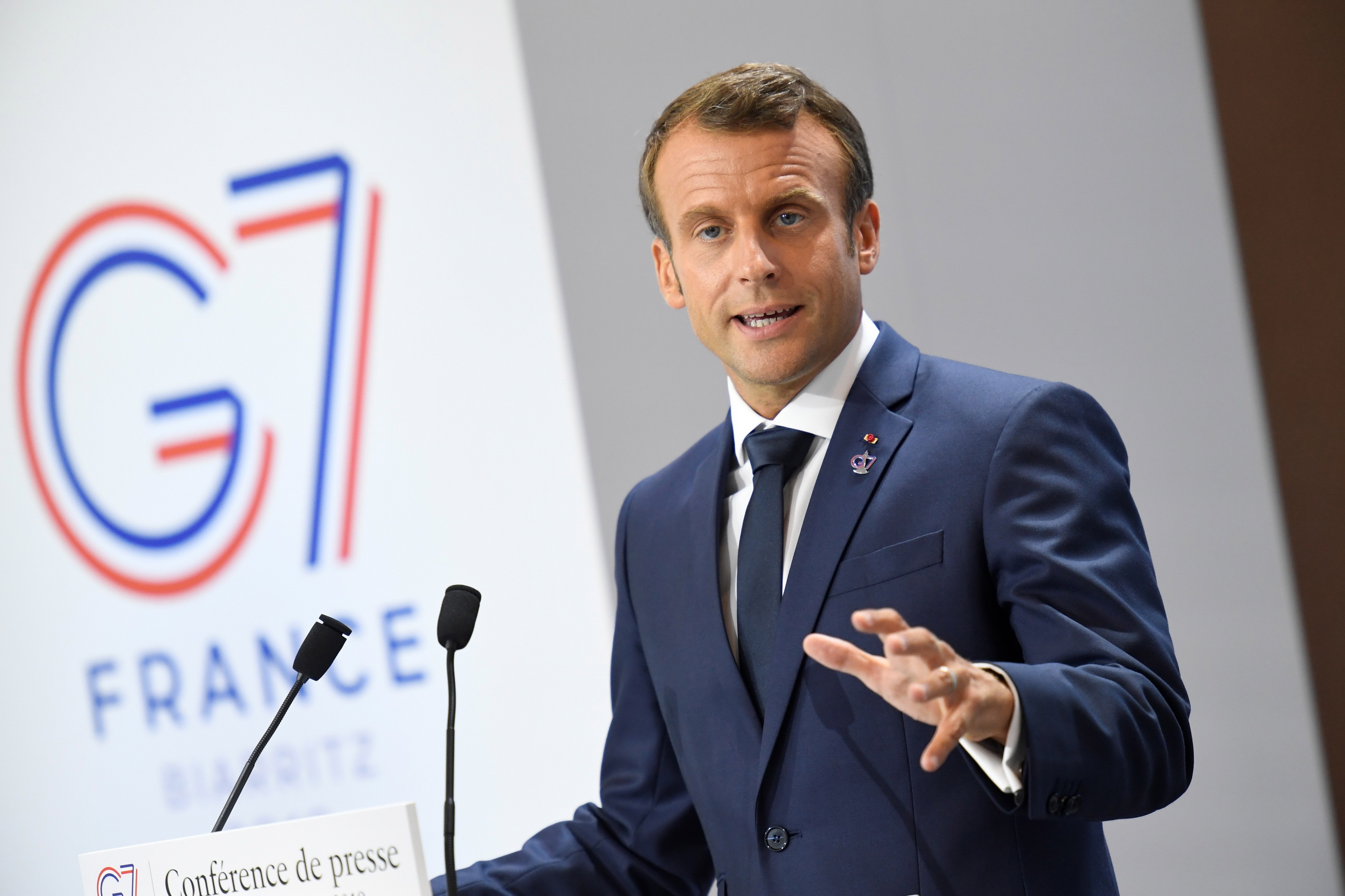 Tổng thống Pháp Emmanuel Macron trong cuộc họp báo tại Hội nghị thượng đỉnh G7 ở Biarritz, ngày 26/8/2019. (Ảnh: AFP/TTXVN)