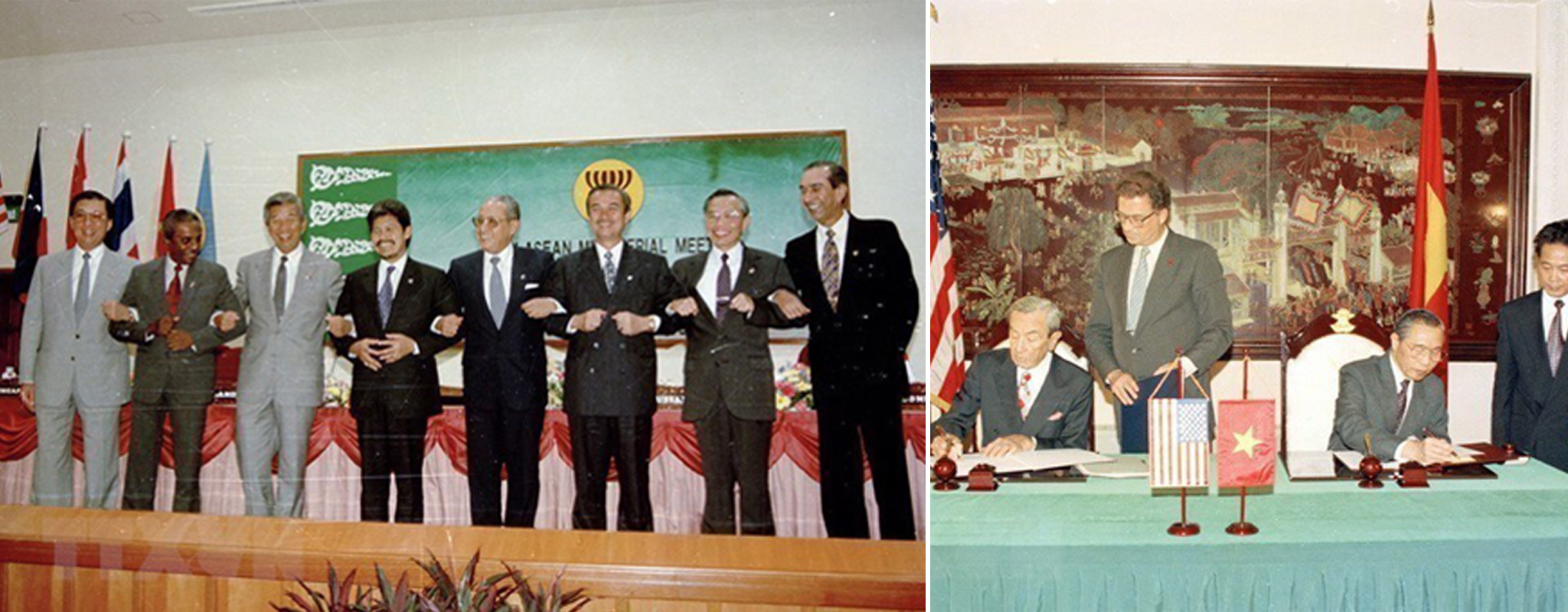 Bộ trưởng Ngoại giao Nguyễn Mạnh Cầm (thứ hai, từ phải sang), Tổng Thư ký ASEAN và các Bộ trưởng Ngoại giao ASEAN tại cuộc họp kết nạp Việt Nam trở thành thành viên chính thức thứ bảy của ASEAN, ngày 28/7/1995, tại Thủ đô Bandar Seri Begawan (Brunei). (Ảnh: Trần Sơn/TTXVN) 
