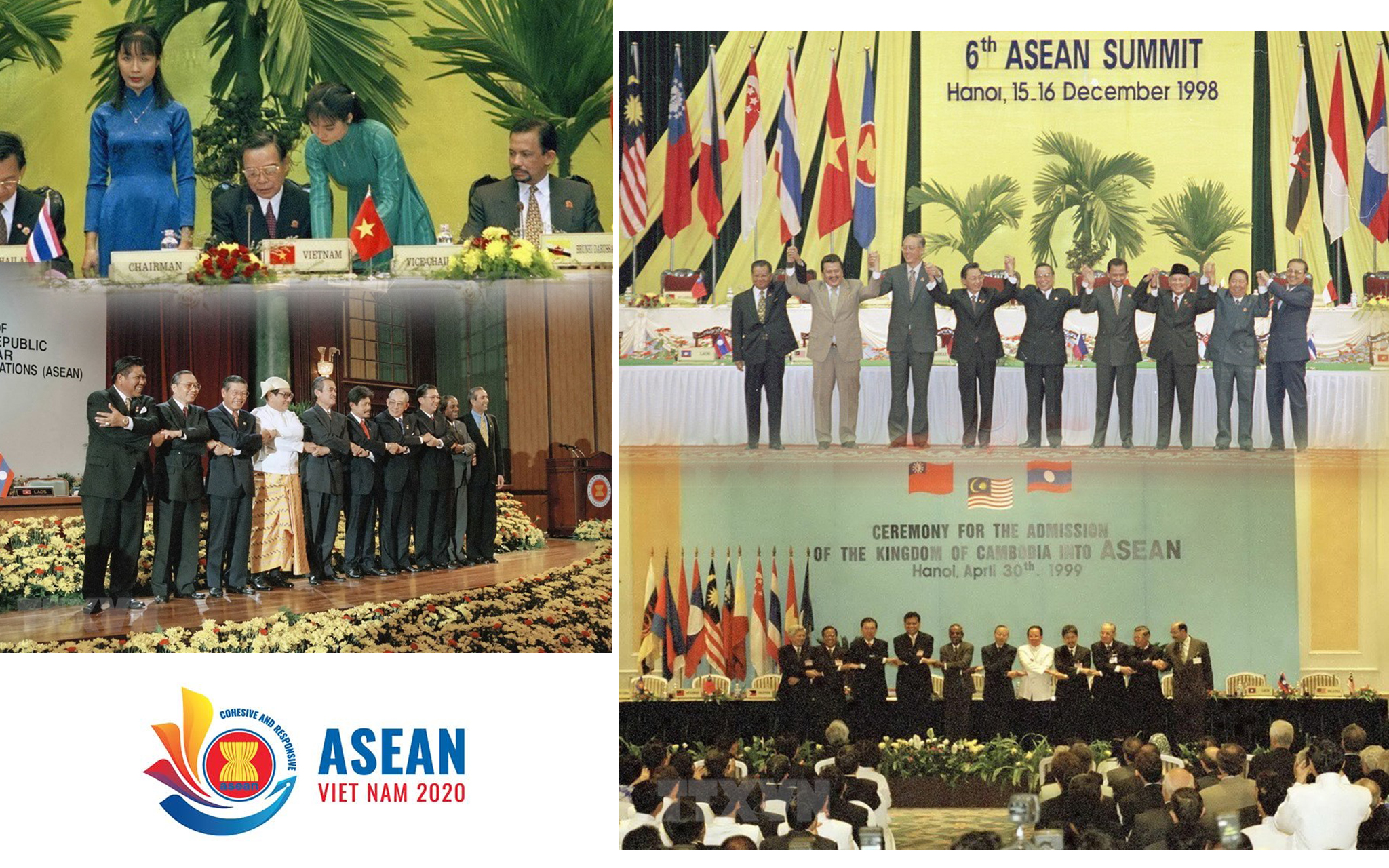 Tháng 12/1998, Việt Nam tổ chức thành công Hội nghị ASEAN lần thứ VI. Đây là lần đầu tiên Việt Nam đăng cai một hội nghị của Hiệp hội kể từ khi gia nhập. ASEAN khi đó đã có 9 thành viên (thêm Lào và Myanmar). Các nhà lãnh đạo nhất trí thông qua Chương trình Hành động Hà Nội, góp phần tăng cường đoàn kết, đẩy mạnh hợp tác, khôi phục hình ảnh ASEAN và định hướng phát triển. Trong ảnh: Thủ tướng Phan Văn Khải (giữa) và các nhà lãnh đạo ASEAN chụp ảnh chung tại Phiên bế mạc Hội nghị cấp cao ASEAN lần thứ 6, diễn ra tại Hà Nội từ 15-16/12/1998. (Ảnh: Thế Thuần/TTXVN)