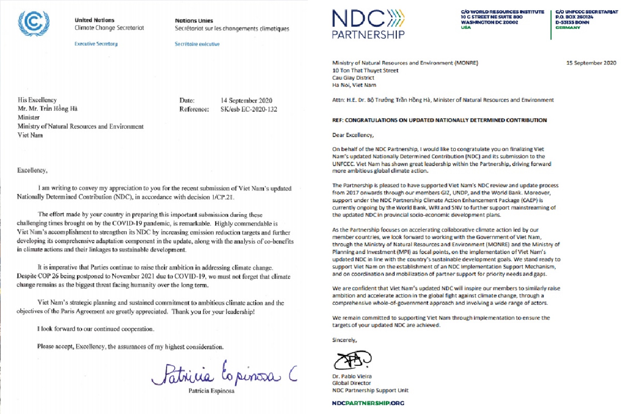 Lettres de Patricia Espinosa, secrétaire exécutive de l’UNFCC et de Pablo Vieira, directeur de l’Organisation NDC Partnership, envoyées au ministre des Ressources naturelles et de l’Environnement. Photo : Département de la résilience au changement climatique.