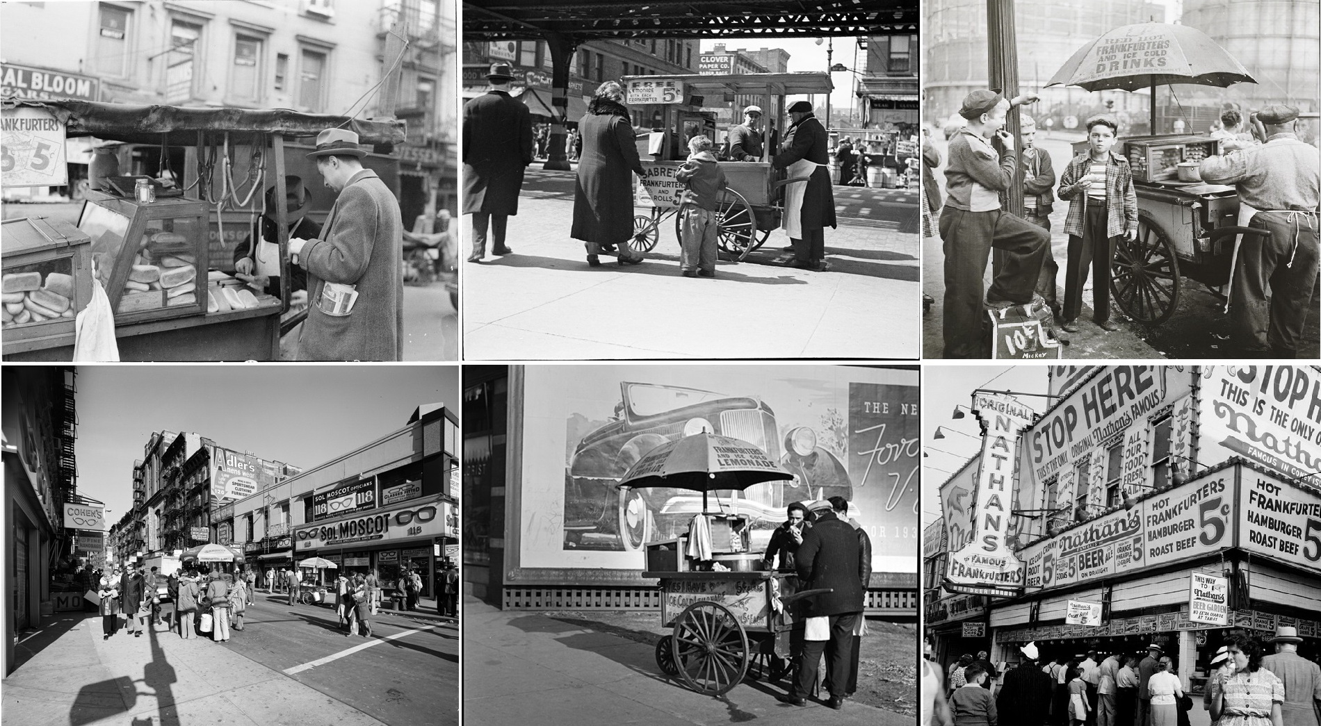 Những chiếc xe và cửa hàng bán xúc xích trên đường phố thời trước. (Nguồn: mcny.org)