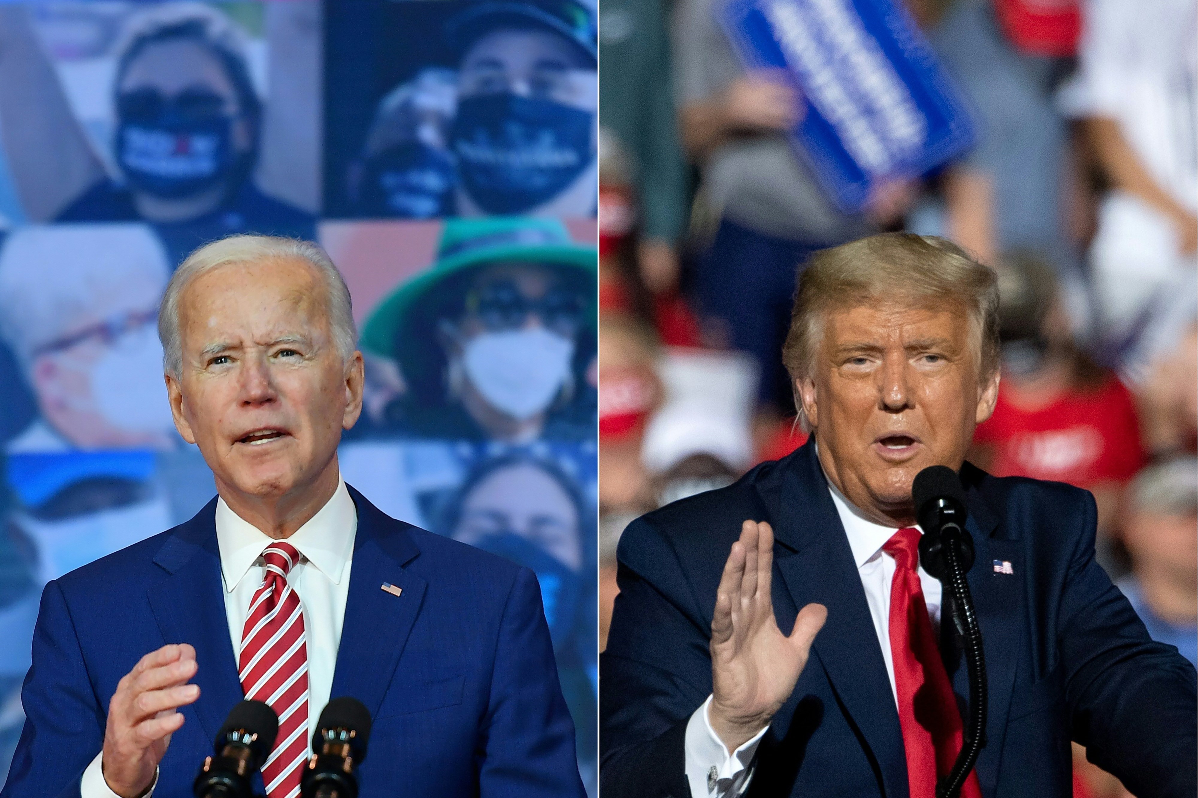 Đương kim Tổng thống Mỹ Donald Trump (phải) trong cuộc vận động tranh cử ở Gastonia, North Carolina ngày 21/10/2020 và ứng viên Tổng thống của Đảng Dân chủ Joe Biden phát biểu tại Wilmington, Delaware ngày 23/10/2020. (Nguồn: AFP/TTXVN)