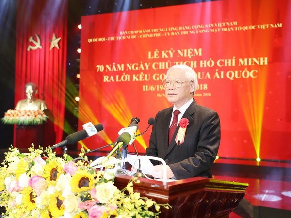 Tổng Bí thư, Chủ tịch nước Nguyễn Phú Trọng chỉ đạo công tác thi đua yêu nước. (Ảnh: Trí Dũng/TTXVN)