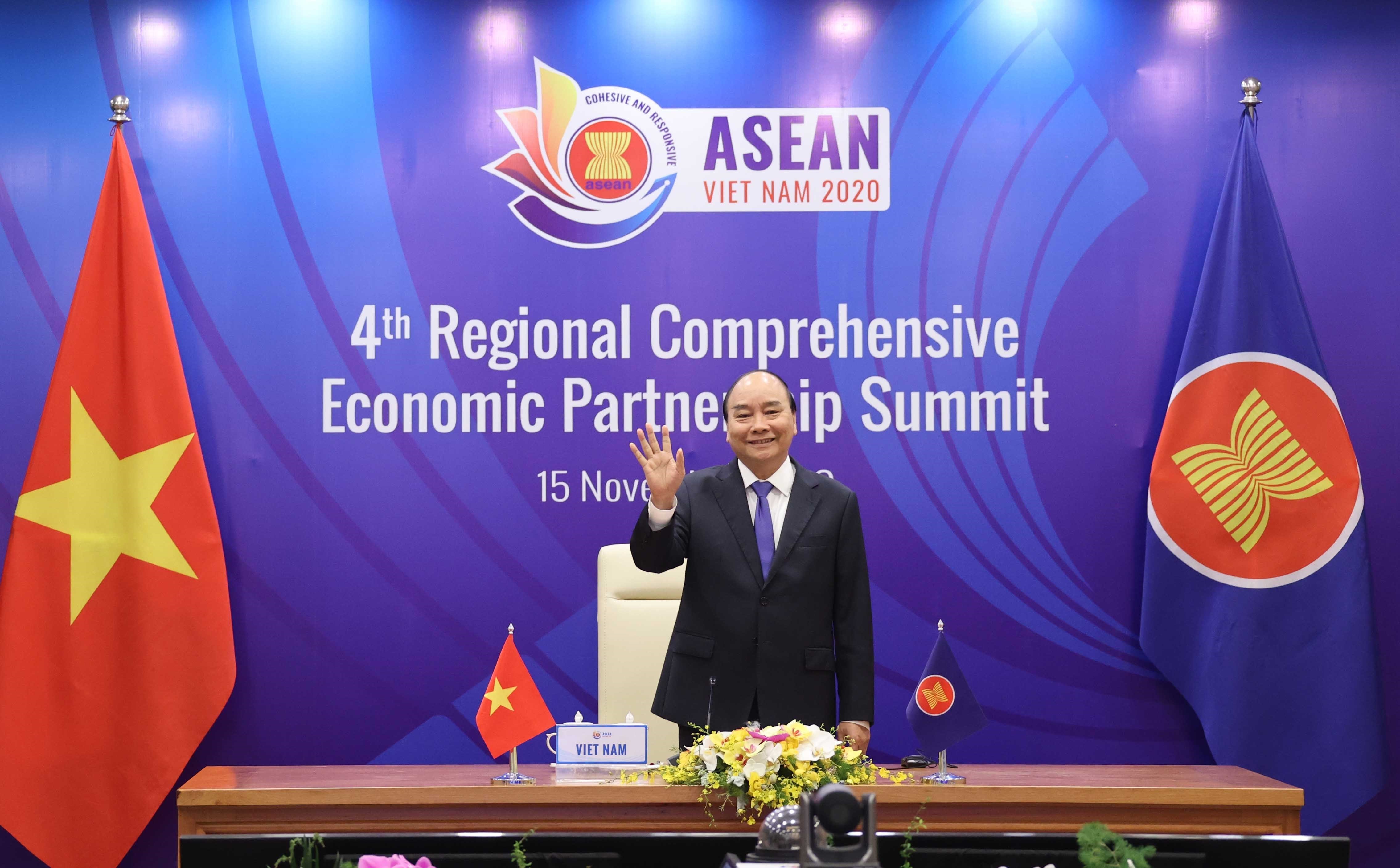 Thủ tướng Nguyễn Xuân Phúc tại hội nghị cấp cao Hiệp định đối tác toàn diện khu vực RCEP. (Nguồn: TTXVN)
