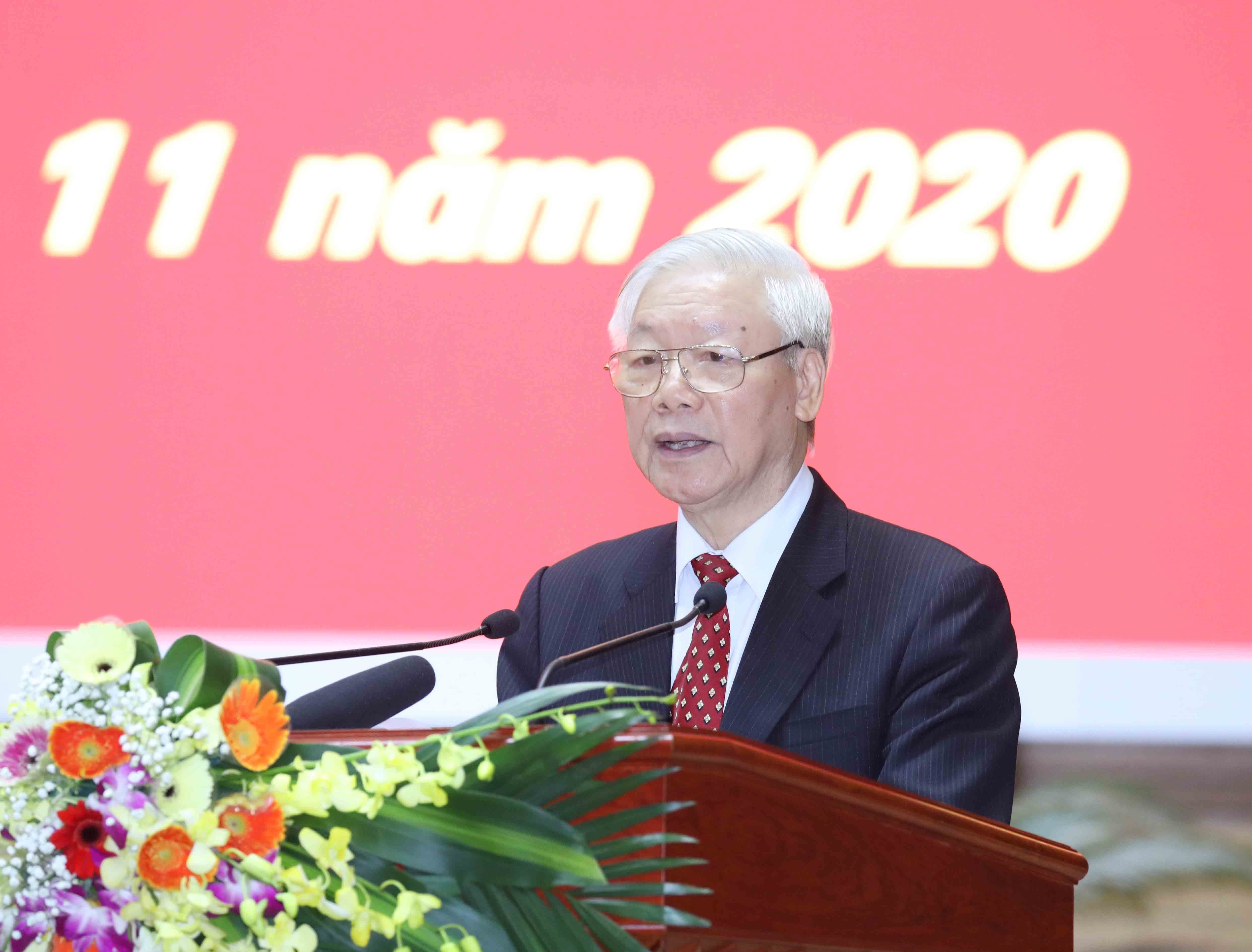 Tổng Bí thư, Chủ tịch nước Nguyễn Phú Trọng phát biểu tại Hội nghị cán bộ  toàn quốc tổng kết công tác tổ chức Đại hội đảng bộ các cấp nhiệm kỳ 2020-2025.  (Ảnh: Phương Hoa/TTXVN)