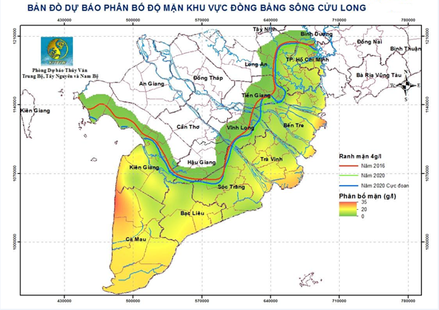 Bản đồ dự báo phân bố độ mặn khu vực Đồng bằng sông Cửu Long. (Nguồn: Trung tâm Dự báo Khí tượng thủy văn quốc gia)